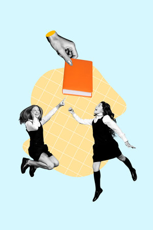 Vertical funny photo collage of two young school girls jump and try to catch a big book learn study...