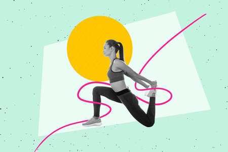 Creative image picture banner collage of determined sportive lady healthy lifestyle doing stretching exerciseの写真素材