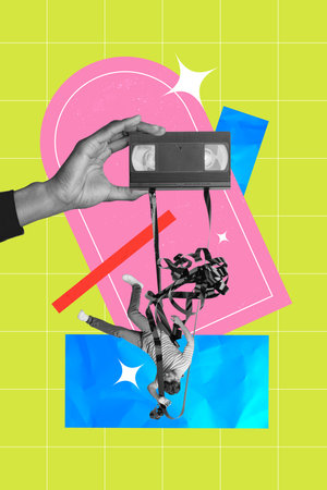 Creative abstract template collage of hand hold cassette retro music party little man hang magazine weird freak bizarre unusual fantasyの写真素材