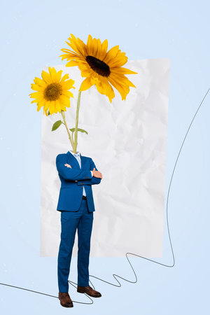 Collage image greeting card of faceless handsome nice man with flowers instead head isolated on creative backgroundの写真素材