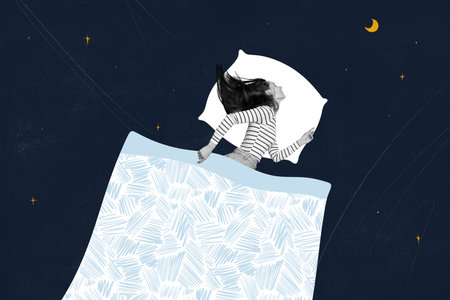 Creative picture image poster collage of happy lady buy new bed clothes on sale sleep dream dance enjoy bargain offerの写真素材