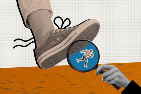 Composite collage image of leg wear gumshoes walking step boyfriend friend zone reject magnifier loupe comics zine minimal conceptの写真素材