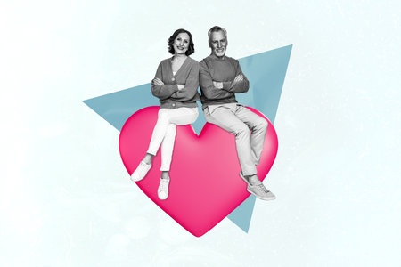 Full body portrait of two cheerful aged people sit podium crossed hands isolated on pink color backgroundの写真素材
