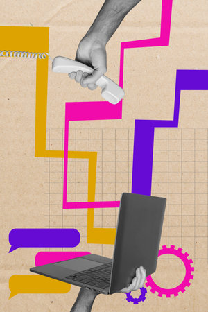 Vertical collage picture of black white colors arms hold laptop cable telephone dialogue bubble cogwheel gear isolated on carton paper backgroundの写真素材