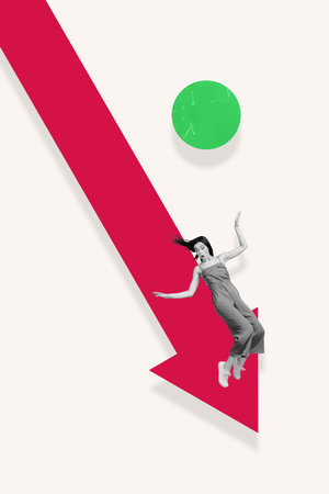 Creative collage vertical poster banner falling young girl red arrow downwards decrease fail...