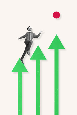 Creative vertical collage poster banner young man business retro step arrows up achieve goal make progress career white backgroundの写真素材