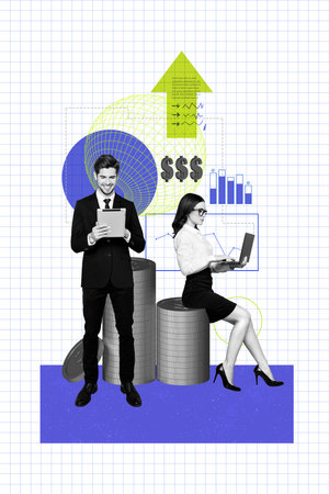 Creative template collage picture satisfied man woman successful business earn profit money wealth arrow up increase earningの写真素材