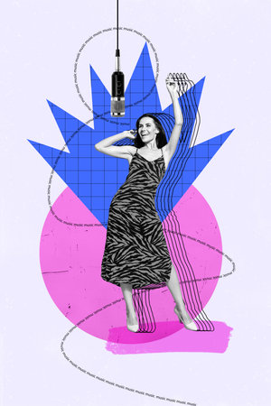 Vertical photo collage of young beautiful woman lady in dress have fun in club sing a song on microphone with raised hand dance on creative colorful backgroundの写真素材