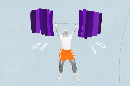 Collage artwork picture of strong man muscular hands raise heavy barbell isolated on creative drawing backgroundの写真素材