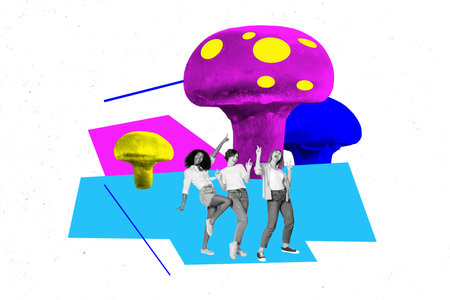 Exclusive magazine picture sketch collage image of funky carefree ladies enjoying neon mushrooms festive isolated white color backgroundの写真素材