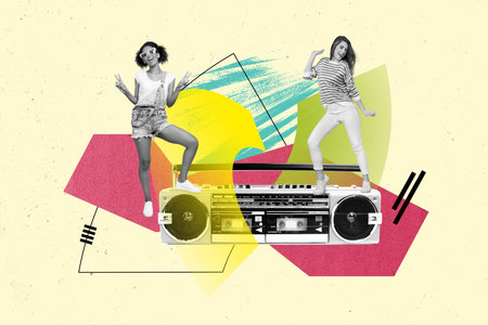 Full body photo collage of crazy two girlfriends dancing listen radio boombox enjoying summer...