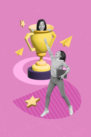 Vertical creative collage image of two funny young businesswoman win prize golden goblet pink freak bizarre unusual fantasy billboardの写真素材