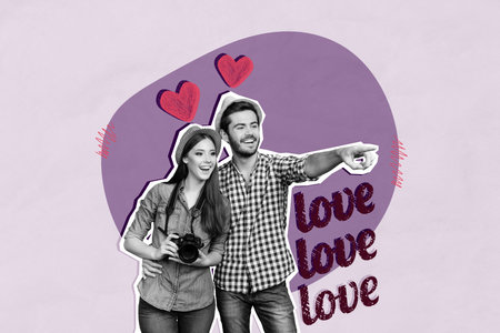 Horizontal photo collage of two smiling partners cuddle hold photo camera pointing with finger concept of lovers date on drawing backgroundの写真素材