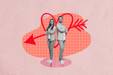 Creative collage picture illustration black white filter lovely charm young lady gentleman stand close each other big draw heart arrow redの写真素材