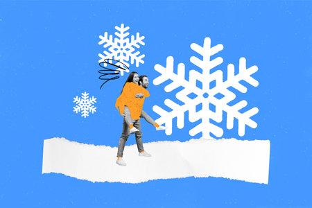 Composite collage picture image of cute funny couple piggyback have fun snowy outside new year atmosphere christmas celebration x-masの写真素材