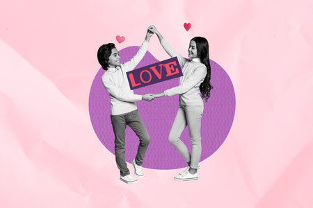 Horizontal photo collage cute kids boy and girl hold hands dance at party celebrate valentine day on pink paper texture backgroundの写真素材