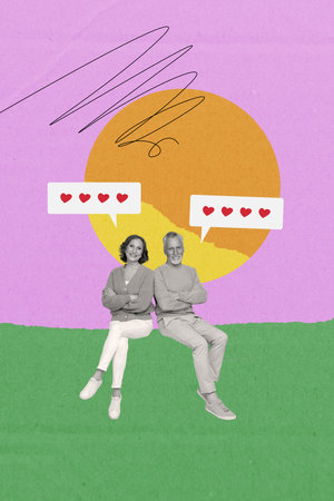 Vertical collage of sweet elderly couple wife and husband sit together with crossed hands talk black white effect on creative backgroundの写真素材