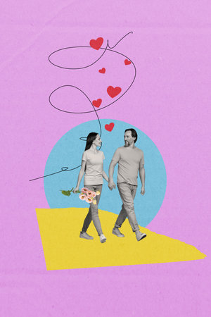 Vertical photo collage of happy middle aged married couple go for walk hold hands together flower bouquet love story on drawing backgroundの写真素材