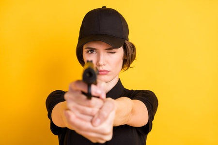 Photo of focused concentrated policewoman aiming pistol at you defense protection isolated on yellow color backgroundの写真素材