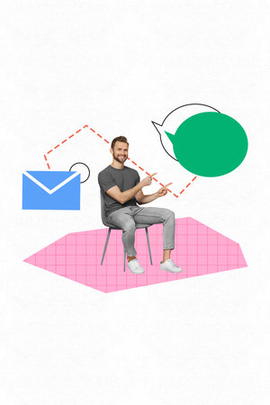 Vertical photo collage of handsome guy sitting on chair pointing to messages email online connection...
