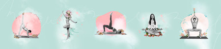 Template panorama collection collage young women sportive people stretching and doing yoga exercises in flowers isolated on blue backgroundの写真素材