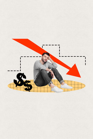 Vertical minimal photo collage of young unhappy man sitting on floor money currency fall dollar...