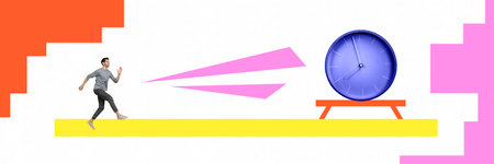 Creative horizontal picture collage of funny young guy running to clock timer control deadlines isolated on white color backgroundの写真素材