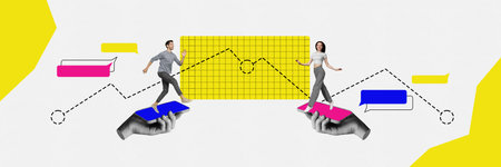 Horizontal collage illustration of young couple using modern technology messenger online app for...