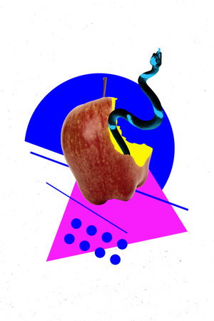 Vertical creative collage image of bitten apple snake black magic venom poison magician freak bizarre unusual fantasy billboardの写真素材