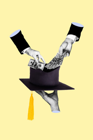 Vertical creative photo collage of peoples hands hold graduate hat and put money in it concept of payment for university college education isolatedの写真素材