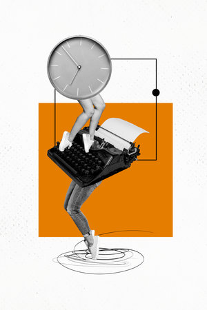 Creative collage artwork of old mechanical buttons keyboard instead body person with alarm clock...