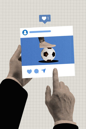 Vertical creative photo collage of man watch football broadcast social media sport match service...