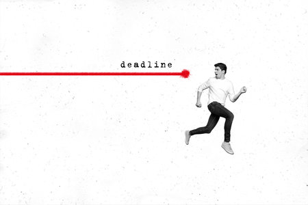 Creative photo collage illustration running young guy student freelancer hurry up frustrated deadline limit time managementの写真素材