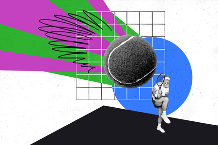 Collage picture illustration black white effect scary sportive old man play tennis giant ball badminton funny draw colorful bannerの写真素材