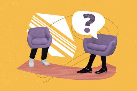 Creative retro 3d magazine collage image of cozy armchairs talking walking legs isolated colorful...