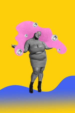 Vertical placard collage of carefree overweight girl with pink hair obese dancer having fun on discotheque isolated over yellow backgroundの写真素材
