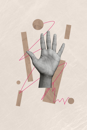 Vertical composite collage photo of human hand raise up five number count fingers wrist nonverbal hello palm on drawing backgroundの写真素材