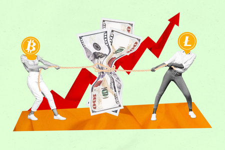 Photo collage picture image two young person pulling rope tie cash dollar charts rise success bitcoin income progress earningsの写真素材