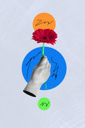 Vertical magazine photo collage of black white effect hand holding beautiful red flower present for girlfriend greeting on creative backgroundの写真素材