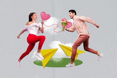 3d retro abstract creative artwork template collage of happy smiling couple running romantic date isolated painting backgroundの写真素材