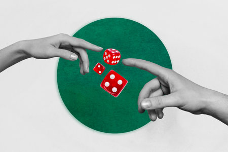 Horizontal composite photo collage of two hands reach each other touch friends play game at casino risk luck leisure on white backgroundの写真素材