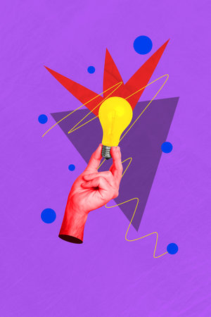 Vertical creative composite photo collage of human hand holding lightbulb searching for business ideas isolated on drawing backgroundの写真素材