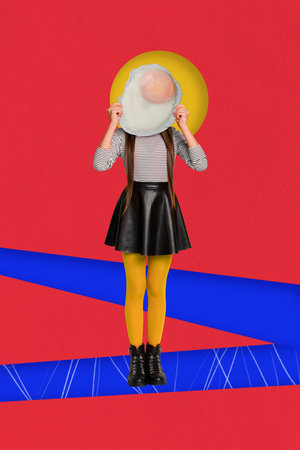 Vertical collage picture of stylish girl hands hold fried egg instead head isolated on creative painted paper red backgroundの写真素材