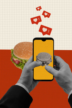 Vertical creative collage picture vintage effect photo unhealthy burger dinner calories like popular post social media bannerの写真素材