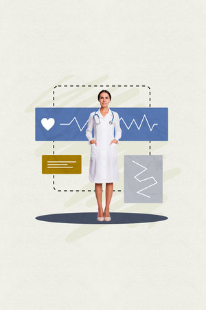 Collage artwork image of experienced professional private doctor nurse lady isolated on drawing backgroundの写真素材