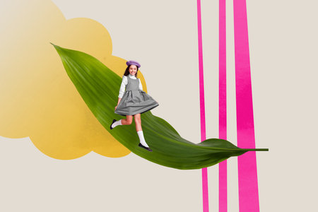 Poster 3d collage artwork of lovely charming little girl flying air running on huge green leaf isolated on creative backgroundの写真素材