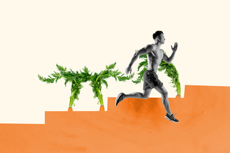 Creative composite artwork photo collage of fit strong muscular man with naked torsos running marathon isolated painted backgroundの写真素材