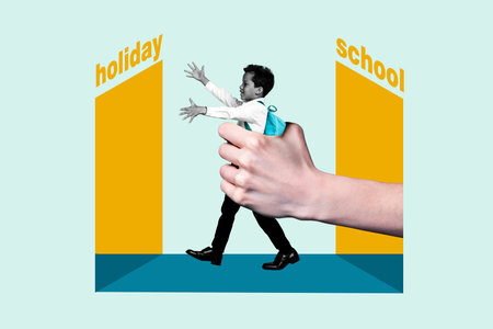 Creative collage image little boy want holiday choose gigantic hand pull school lesson pupil rucksack go step turquoise backgroundの写真素材