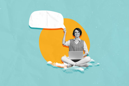 Artwork pop surreal collage of lady employee browsing using netbook advertise new job offer...