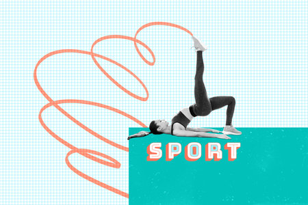 Horizontal photo collage of coach trainer sportswoman lying stretching flexible leg up effort motivation on drawing backgroundの写真素材